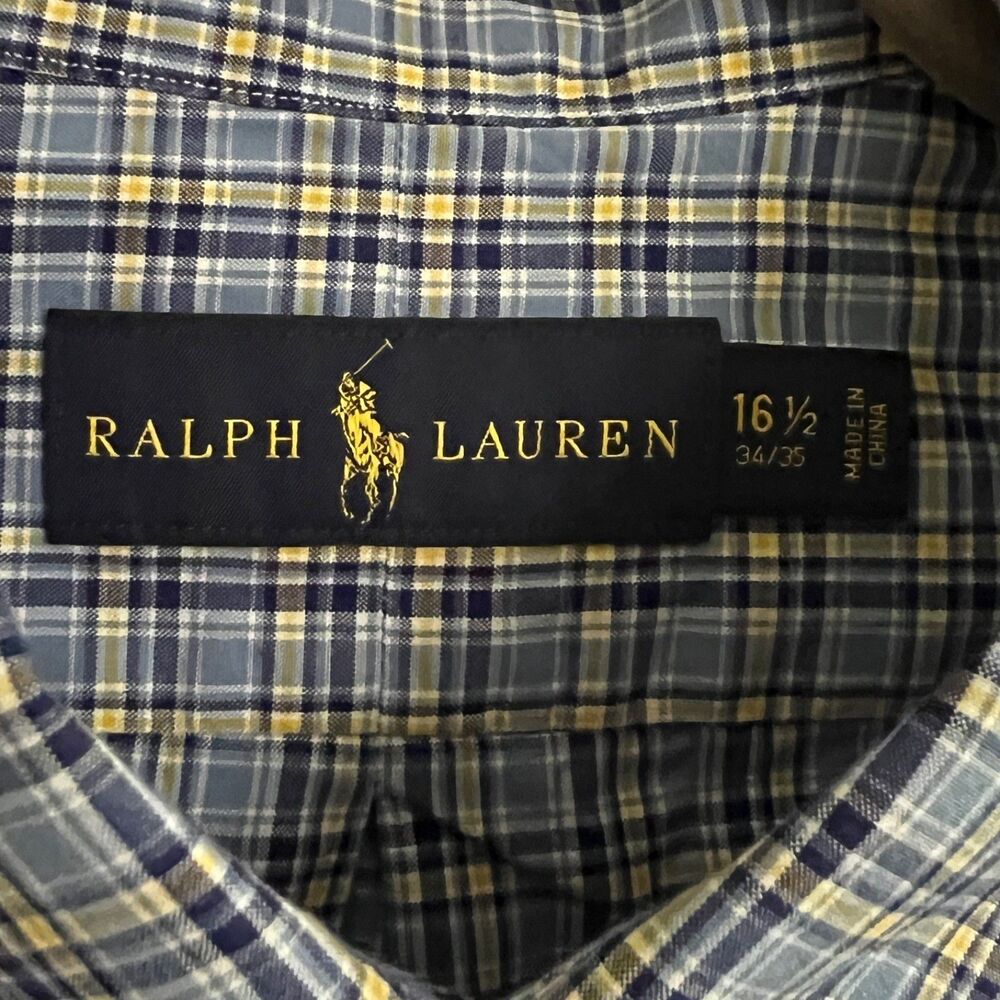 Ralph Lauren Men's Blue Yellow Navy White Plaid Long Sleeve Button Down Shirt